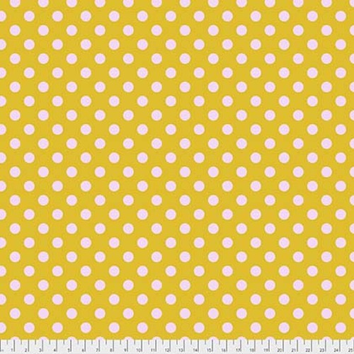 Tula's True Colors - Pom Poms- Marigold, pink dots on gold by Tula Pink