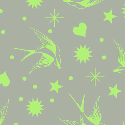 Neon True Colors - Neon Fairy Flakes - Karma - Green birds & Stars - Tula Pink