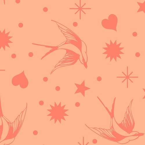 Neon True Colors - Neon Fairy Flakes - Lunar - Orange birds & Stars - Tula Pink