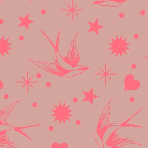 Neon True Colors - Neon Fairy Flakes - Nova - Coral birds & Stars - Tula Pink