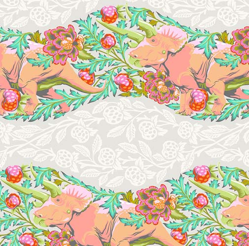 Roar! - Trifecta - Blush -rows of apricot triceratops on gray - Tula Pink