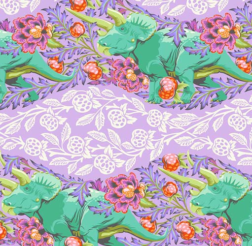 Roar! - Trifecta - Mist - rows of teal triceratops on purple - Tula Pink