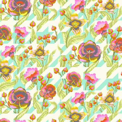 Untamed - Puppy Love - Moonbeam - pink floral on aqua houndstooth - Tula Pink