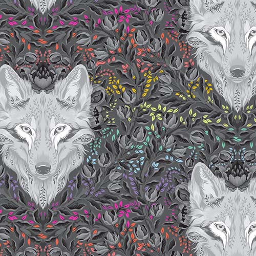 Graywork - Wolf of Pink Street - Carbon - gray wolves on dk gray - Tula Pink