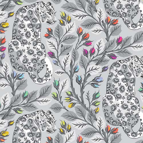 Graywork - Beautymark - Fog -jaquars with roses on gray - Tula Pink