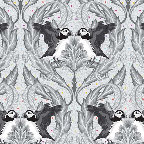 Graywork - Huffin & Puffin - Whisper - puffins on light gray - Tula Pink