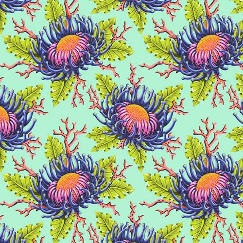 Floral Reef - Friends & Anemones - Seafoam - large floral on aqua - Tula Pink