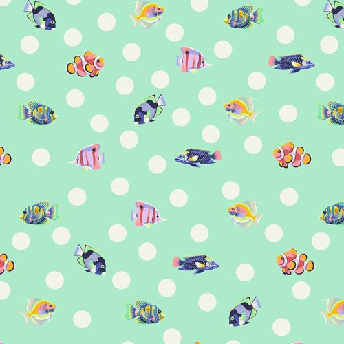 Floral Reef - School Crossing- Seafoam - fish and dots on aqua - Tula Pink