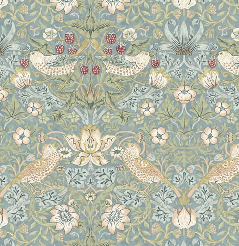 Original Morris - Strawberry Thief - Aqua - birds w/ strawberries on aqua floral