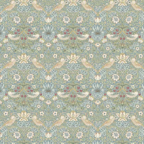 Original Morris - Mini Strawberry Thief - Aqua - small birds w/strawberries