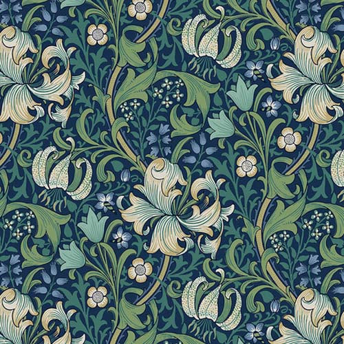 Original Morris - Golden Lily- Navy - large cream flowers on dark blue