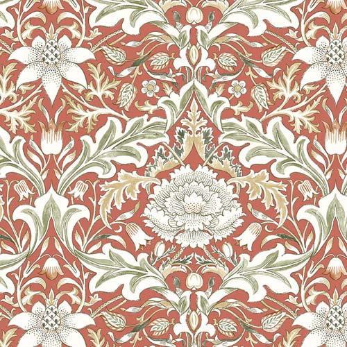 Leicester - Severne - Red - ivory & green floral on red - William Morris