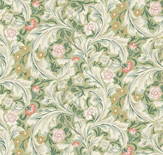 Leicester - Leicester - Olive- white leaves on green w/flowers - William Morris
