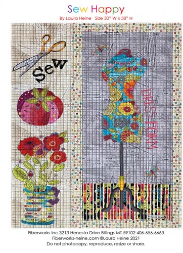 Sew Happy - Collage pattern  sewing tools - 30 x 38 by Laura Heine