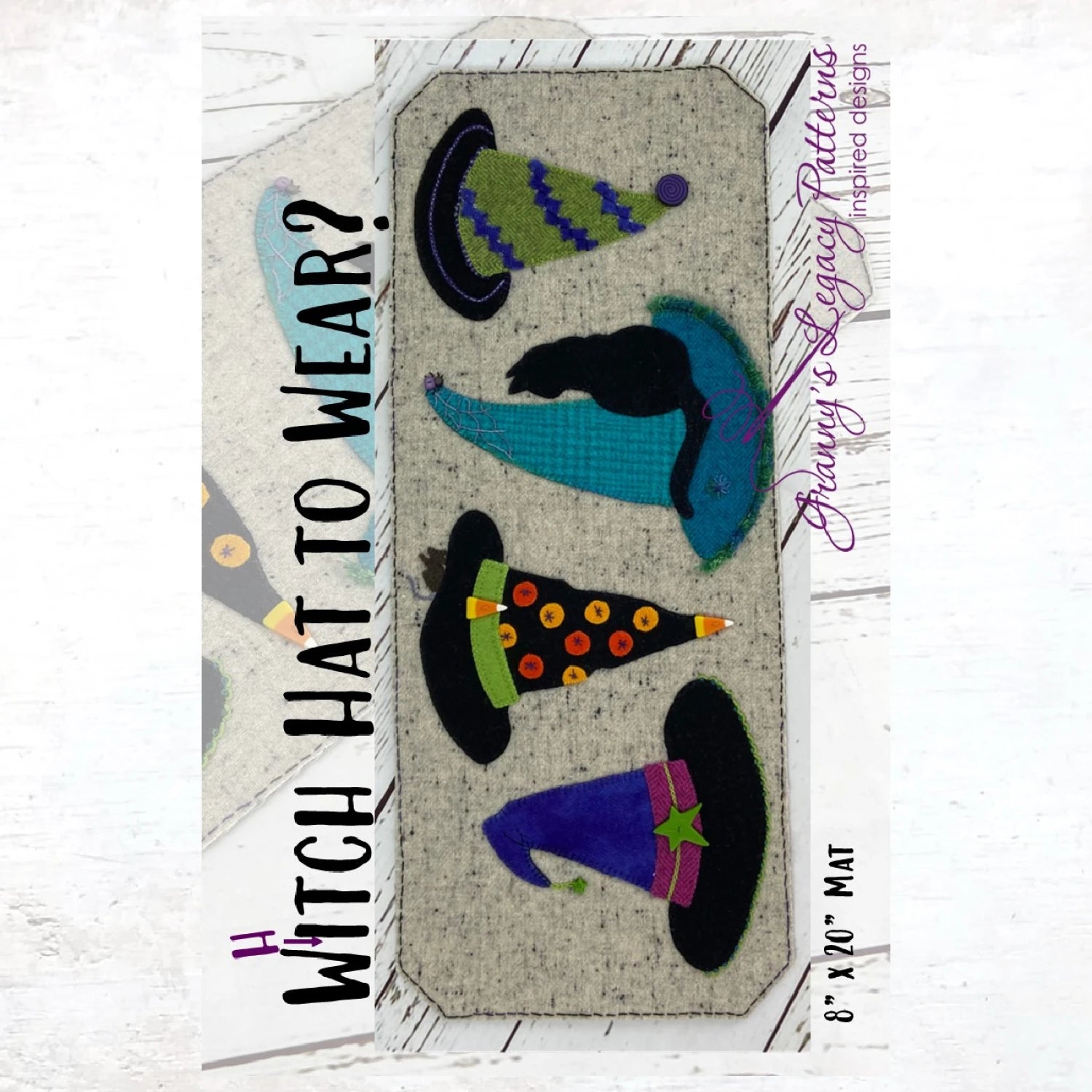 Witch hat to wear? - wool applique pattern - 8x20 mat - Granny's Legacy
