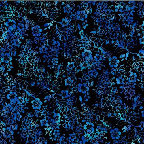 Bali Batik - Cherry Blossom - Tahiti - purple and blue flowers on black