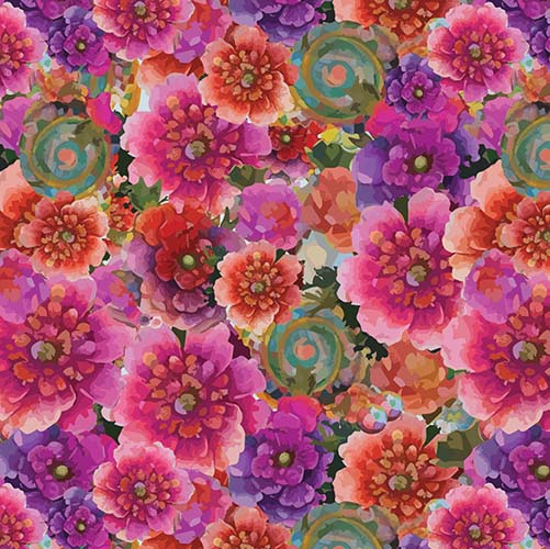 Whimsical Flower Garden - Packed Flowers - Fuchsia - large pink &purple floral