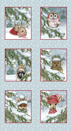 Magical Menagerie-approx 24in. PANEL- Blue/Multi - 6 winter animal patches (167)
