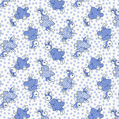 Nana Mae III - Blue - Blue Bunnies With Blue Dots on White-Reproduction Fab