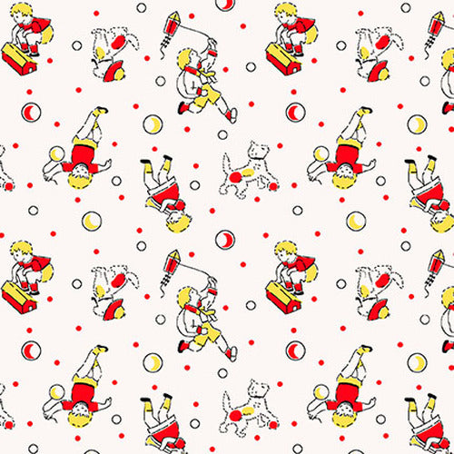 Nana Mae III - Cream/Red - Children Playing on White - Reproduction Fabric