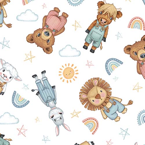 Boho Buddies - Animal Toss - White - tossed animals in overalls on white