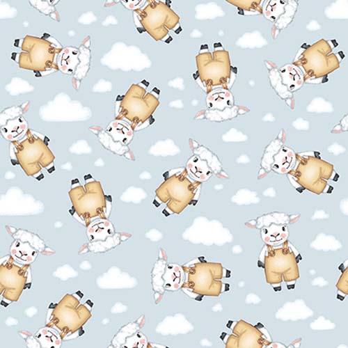 Boho Buddies - Lambs -Lt. Blue - tossed sheep in overalls on blue w/clouds