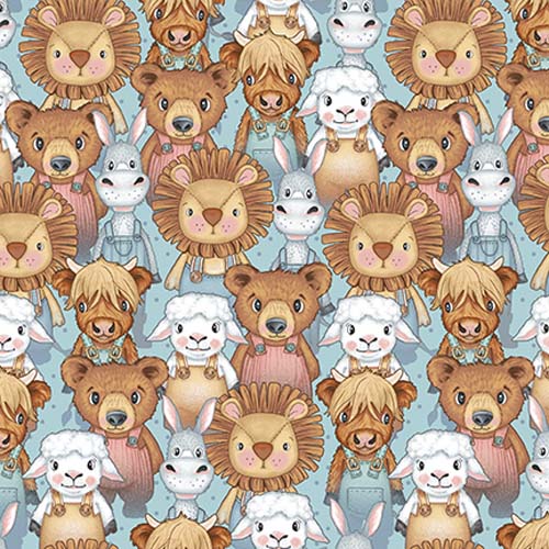 Boho Buddies - Crowded Buddies - Lt. Blue - packed animals on blue