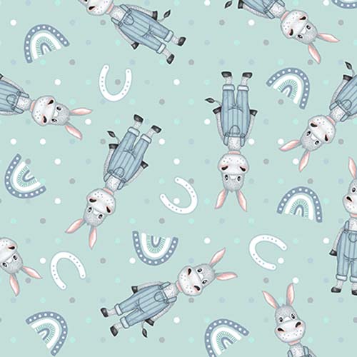 Boho Buddies - Donkey - Light Teal - Donkeys in overalls w/horseshoes on teal