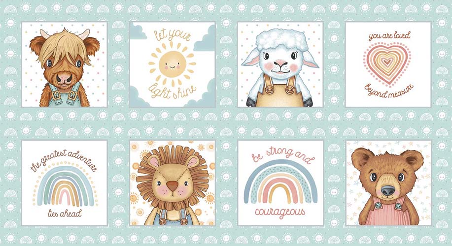 Boho Buddies - 24in. PANEL - Blocks - Lt. Teal - 8 smaller blocks