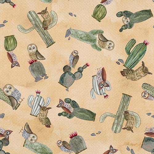 Magical Desert - Owl Toss - Sepia - tossed owls & cacti on brown