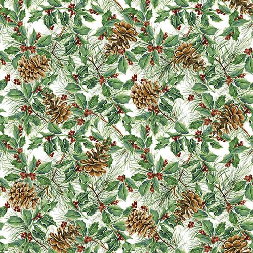 Joyful Snowmen - Pinecones - Multi - pine cones & branches w/holly on cream