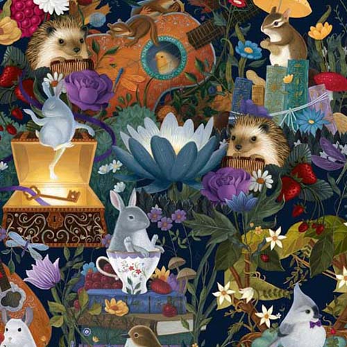 Serenade - Critters - Navy - animals among flowers & objects
