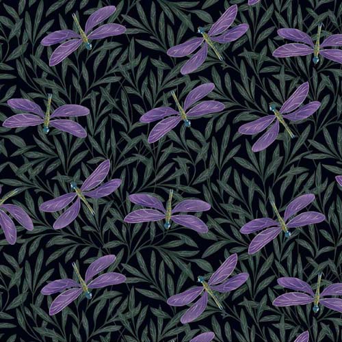Serenade - Dragonflies - Navy - purple dragonflies on leafy background