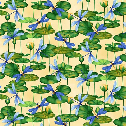 Water Lily Magic - Dragonfly & Waterlily - Yellow - blues and greens on yellow