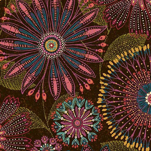 108in. Flora Dora - Floral Medallions - Autumn - large floral on dark brown