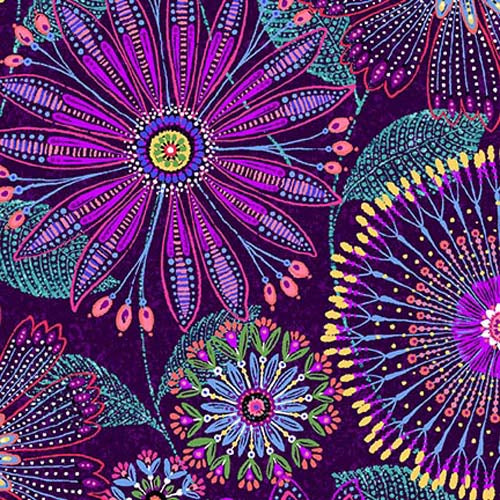 108in. Flora Dora - Floral Medallions - Purple - Large floral on purple