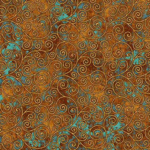 Crow-mazing - Scrolls - Rust - gold scrollwork on gold & turquoise