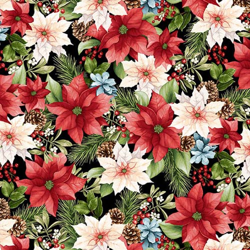 Hollyville Manor - PoinsettiaToss - Black - red & cream poinsettias on black