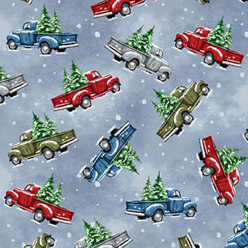 Hollyville Manor - Truck Toss- Slate Gray - colorful trucks tossed on blue gray