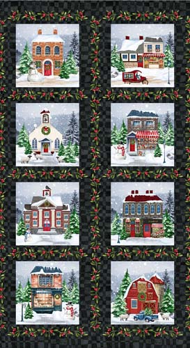 Hollyville Manor - PANEL 24in.Manor Blocks - Black - 8 holiday house blocks