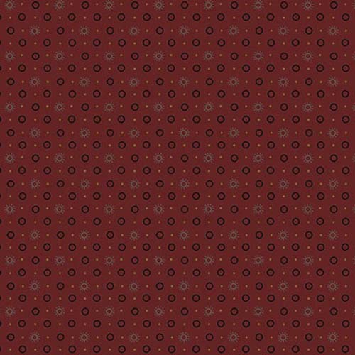 Scraps of Kindness - Sun burst- Cranberry- blue circles on dk red by Kim Diehl