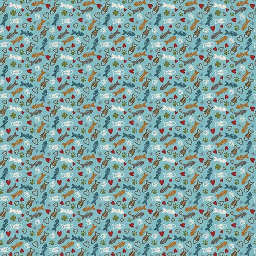 Hat on a Cat - Fish and Bones- Light Blue- fish bones & hearts on lt blue
