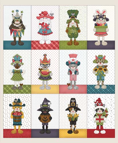 Hat on a Cat - PANEL 1yd. - Ivory - 12 cats representing each month