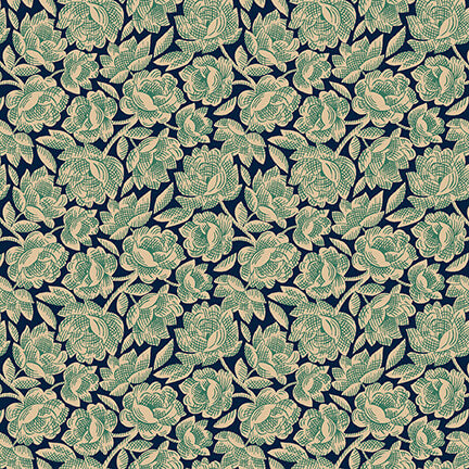 Gratitude & Grace - Vintage Floral - Blue - packed blue flowers on dk blue