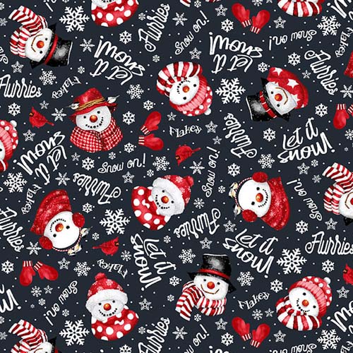 Snow Crew Flannel - Snowman Faces & Words - Black - tossed words & snowmen