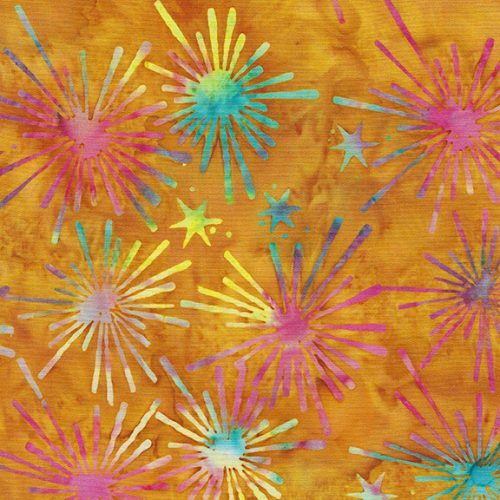 Batik - Twilight Glow - Starburst - Cheddar - rainbow starbursts on orange