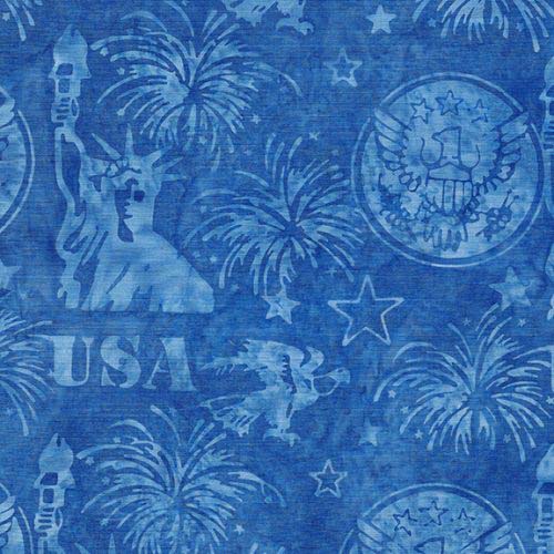 Batik - Freedom 2 - Statue of Liberty/Eagle - Lake Blue - patriotic motifs on b