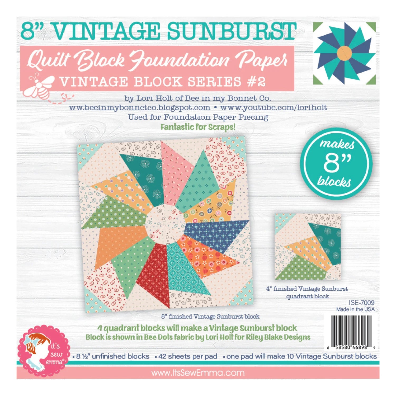 8" Vintage Sunburst - makes 10 blocks -Quilt Block Foundation Paper by Lori Holt