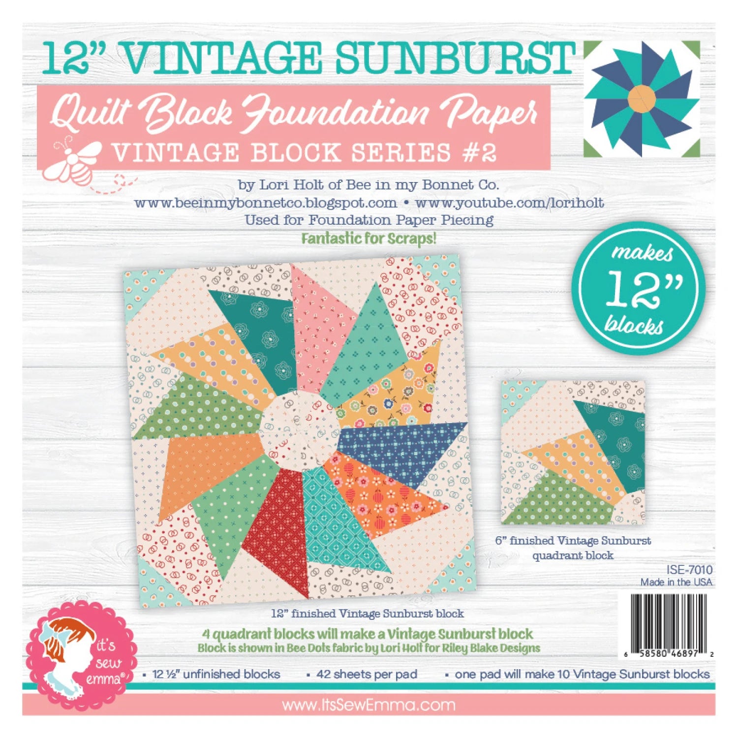 12" Vintage Sunburst -makes 10 blocks -Quilt Block Foundation Paper by Lori Holt