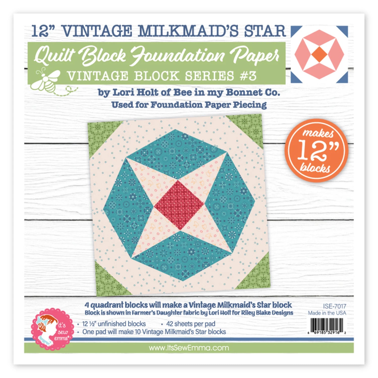 12" Vintage Milkmaid's Star -Quilt Block Foundation Paper by Lori Holt